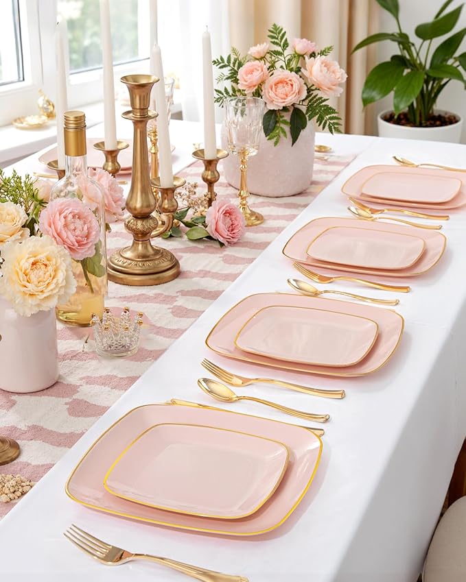 bUCLA 100PCS Pink Plastic Plates - Heavy Duty Square Pink and Gold Disposable - Include 50 Dinner 10 inch & 50 Dessert 7.25 inch Plates for Party & Weeding