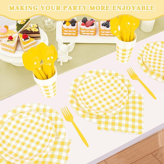 Vyntra Checkered Gingham Paper Plates and Napkins Set for 50" 9" Dinner Plates & 7" Dessert Plate, Birthday Party (Yellow Gingham, 175 Pcs)