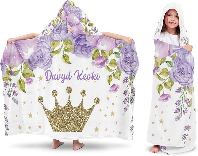 Purple Crown Floral Personalized Kids Hooded Towel with Name Soft Absorbent Beach Pool Bath Towels Hood Poncho for Boys Girls