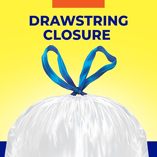 Hefty Essentials Drawstring 13 Gallon Kitchen Trash Bags, 45 Count, Tall Unscented Trash Bags for Kitchens, Home Offices, or Laundry Rooms, Easy to Tie, Lift, and Carry, White (Pack of 6)
