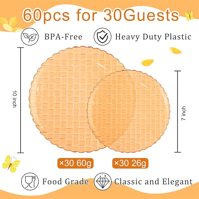 Festiva 60PCS Clear Orange Plastic Plates - Heavy Duty Weave Pattern Fancy Disposable Plates -serve for 30 guests Include 30PCS 10" & 30PCS 7" Plates for Birthday & Easter Party(Orange)