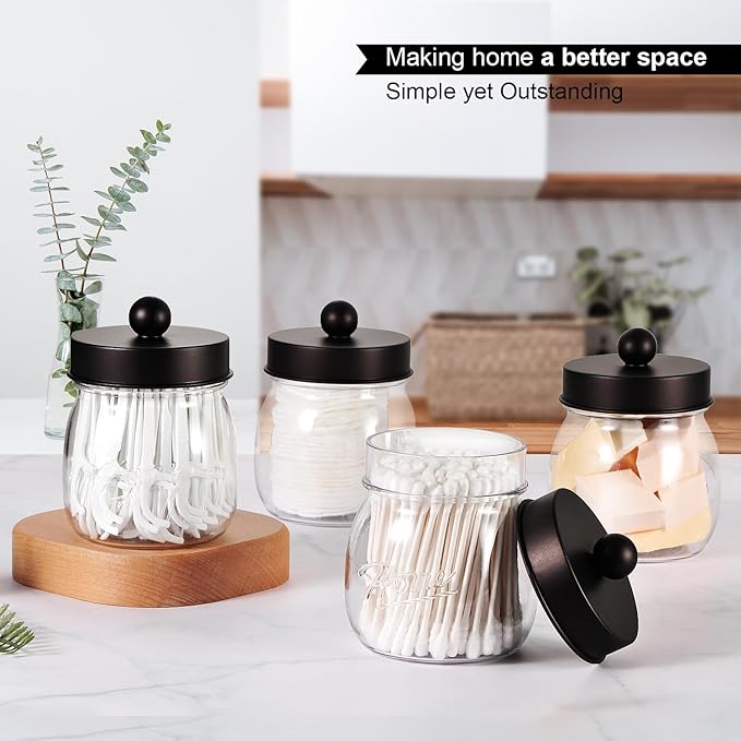 6 Pack Qtip Holder Bathroom Set, SheeChung Plastic Mason Jar Apothecary Jar Set for Bathroom Vanity Storage Organizer, Farmhouse/Home Decor, 12 Labels (Bronze)