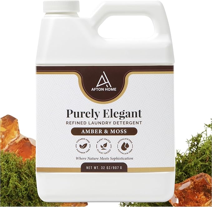 Elegant Luxury Plant-Based Laundry Detergent Amber & Moss Scent, 32oz by Purely Elegant, Biodegradable, Highly Concentrated, Eco-Friendly, Sensitive Skin Safe, Paraben Free, HE, Medium Bottle