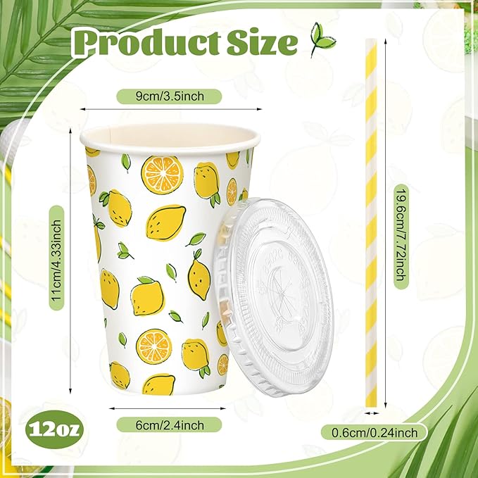 Tessco 150 Pieces/ 50 Sets Lemonade Cup with Lids and Paper Straws 12oz Disposable Iced Coffee Paper Summer Lemon Citrus Cold Cup for Fruit Party Iced Coffee Cold Beverages Drinks Juices