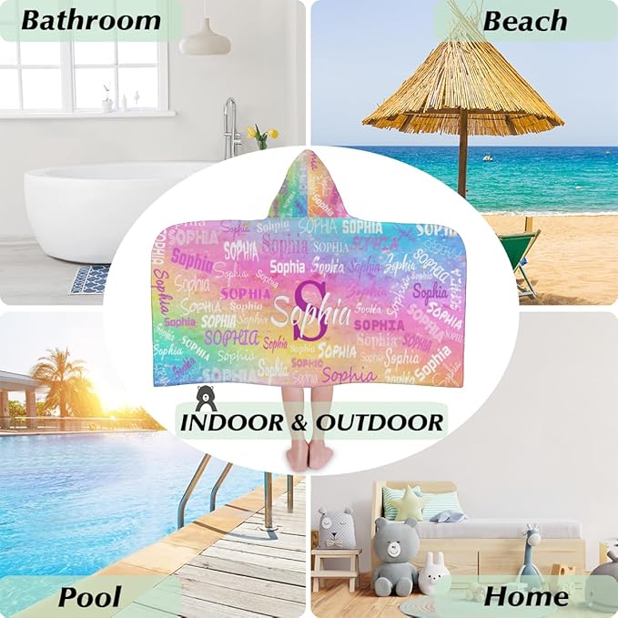 Custom Name Beach Towel for Boys Girls, Kids Babies Personalized Name Hooded Beach Towel Quick-Drying for Beach, Travel, Camping, Seaside, Swimming, Painted Colorful Pink Yellow Blue
