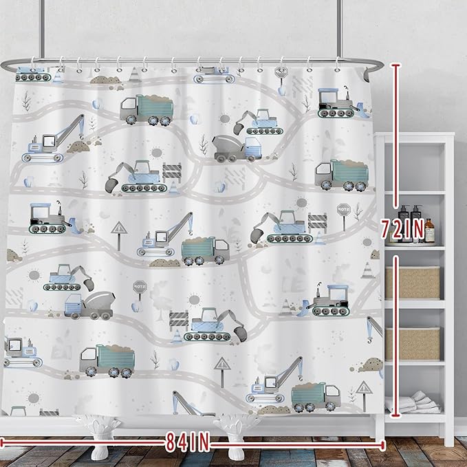 Excavator Kids Shower Curtain Sets Cartoon Construction Truck Tractor Car Bathroom Decor Fabric Polyester Waterproof 84x72 Inches with 14 Hooks for Boys Machinery Vehicle Bath Curtains