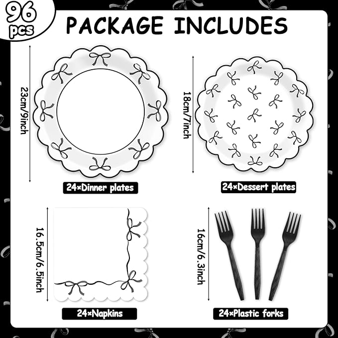 96Pcs Black White Bow Party Decorations Girl Bow Birthday Paper Plates Napkins Supplies Bowknot Themed Cake Tableware Dinnerware for Bachelorette Engagement Wedding Baby Bridal Shower Serves 24