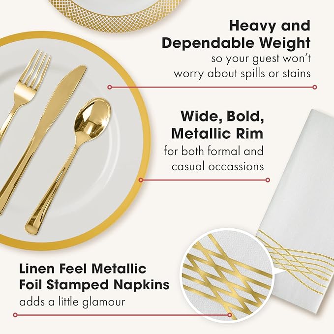 By Madee HEAVYWEIGHT Fancy Plastic Dinnerware Sets – White and Gold Disposable Plates, Premium Cutlery & Linen-Like Napkins | Elegant Disposable Dinnerware Set - 175 Pc for 25 Guests