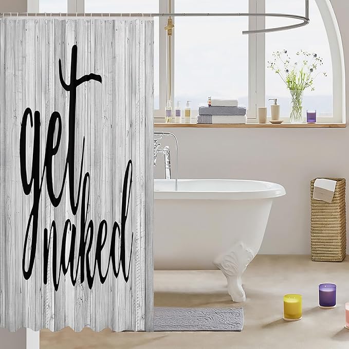 Get Naked Bathroom Curtains Funny Quotes Shower Curtain Black Creative Words Shower Curtain Set with Hooks for Men Women Couple Lover Grey Rustic Plank Wood Cloth Fabric Bathroom Decor 72x72 Inch