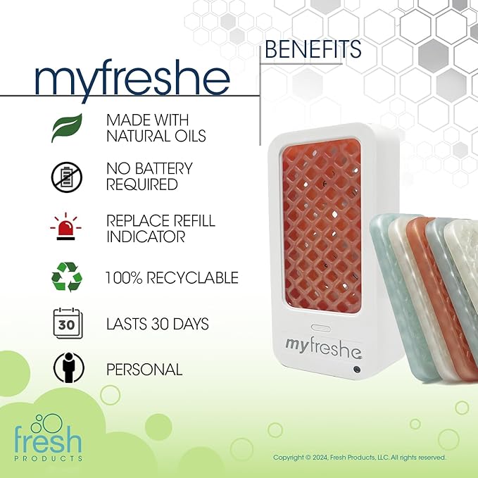 Fresh Products myfreshe Plug in Air Freshener No Heat No Glass Dry Fragrance Refills For Small Spaces Made in the USA Starter Kit w 2 Dispensers and 3 Fragrances
