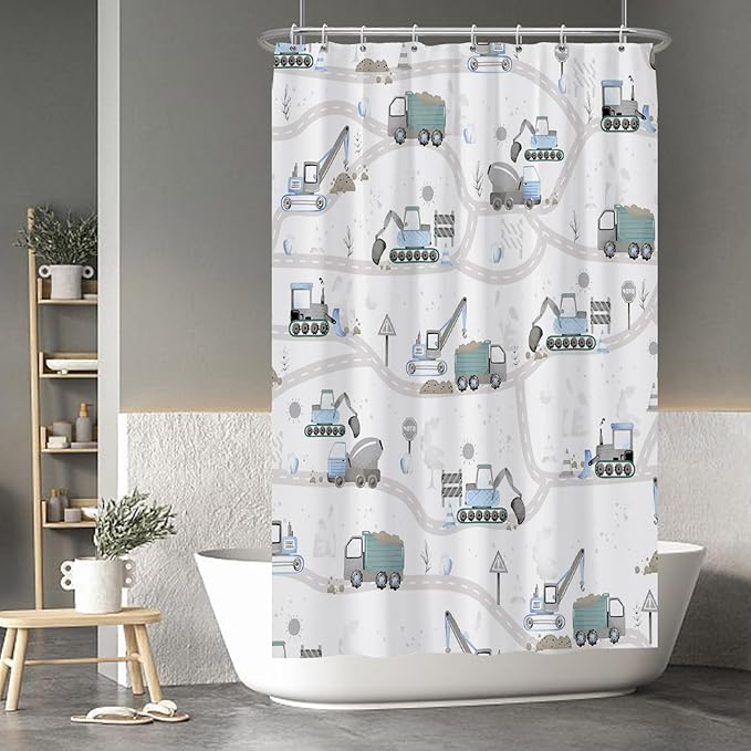 Excavator Kids Shower Curtain Sets Cartoon Construction Truck Tractor Car Bathroom Decor Fabric Polyester Waterproof 48x72 Inches with 8 Hooks for Boys Machinery Vehicle Bath Curtains