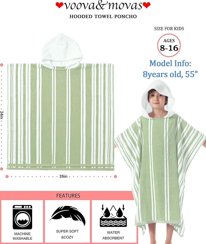 VOOVA & MOVAS Hooded Poncho Towel for Teens Unisex, 100% Cotton Ultra Soft Lightweight Beach Swim Bath Cover Up, Light Green Stripe