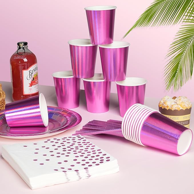 Iridescent Pink Party Supplies Decorations Serve 50, Hot Pink Holographic Paper Plates and Napkins Set, Disposable Pink Paper Plates Cups Knives Spoons Fork for Mermaid Disco Kpop Birthday Party Decor