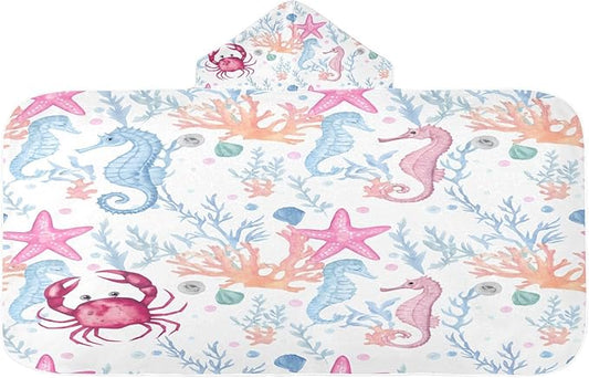 CEBUGI Starfish Hooded Bath Towel for Kids Absorbent Soft Bath Towel Wrap with Hood 50x23.5in Pool Beach Shower Towel for Boys Girls