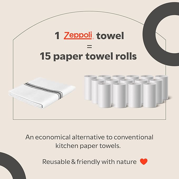 Zeppoli Classic Kitchen Towels - 15 Pack 100% Natural Cotton Kitchen Towel Set, Reusable Wash Cloths, Absorbent Dish Towels, Machine Washable Hand Towels, Kitchen Essentials, 14” x 25”, Black Striped