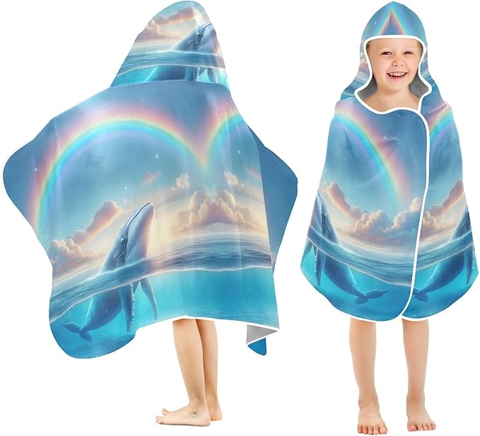 Hooded Towel for Kids Whale Under Rainbow Beach Wrap Bath Towels 50x23.5in
