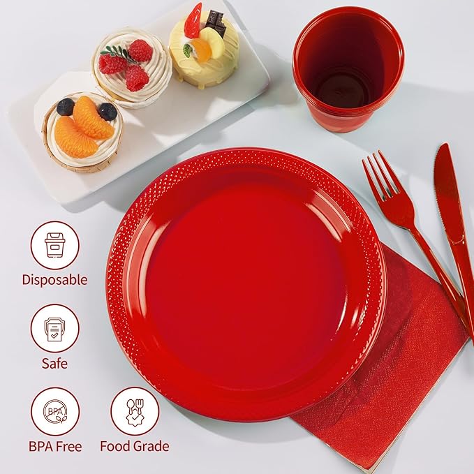 Red Plastic Plates, Graduation Plates Set,Disposable Plastic Dinnerware for Graduation Party Wedding Birthday,Serve 25 Guests