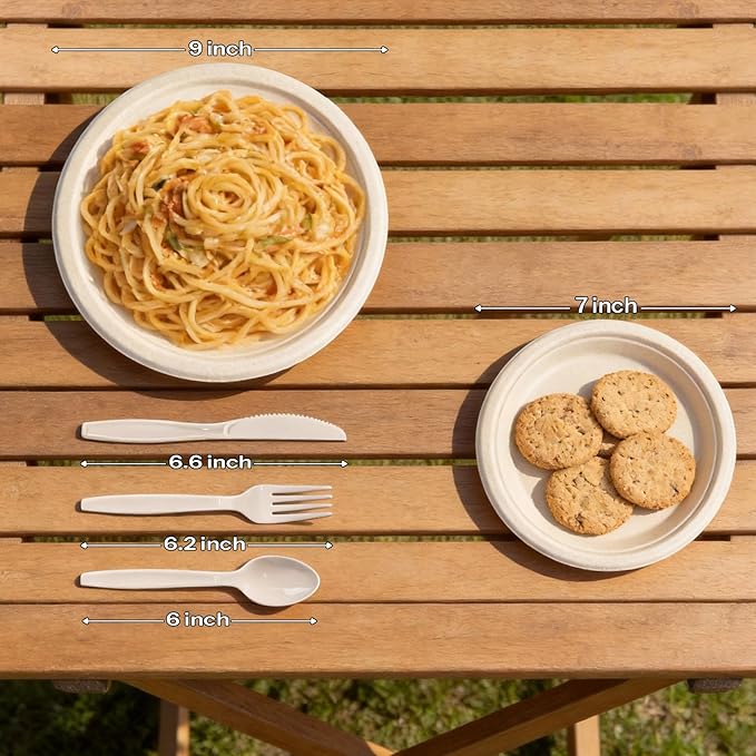 Compostable Plates 9&7 Inch with Cutlery，Heavy Duty Paper Plates 50 Pack, Disposable Dinnerware Sets Biodegradable Sugarcane Bagasse Dinner Plates for Everyday Use, Party, Family (Microwave Safe)