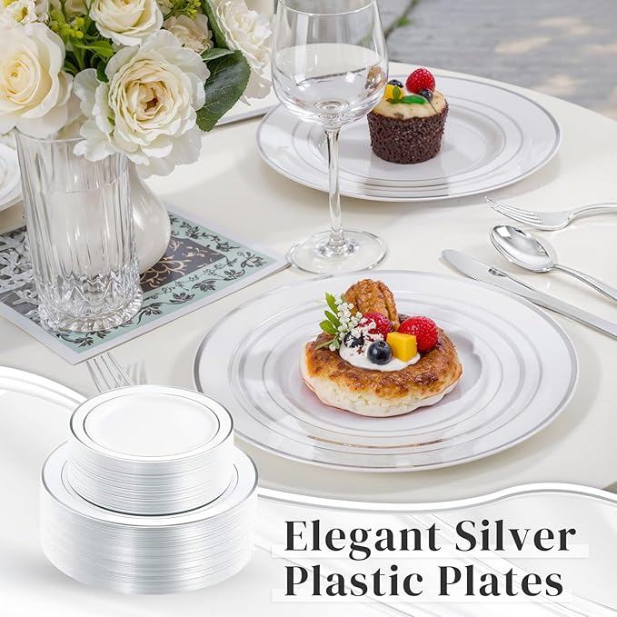 WDF 120PCS Plastic Plates White Silver Rim - Disposable Plates including 60PCS for Dinner 10.25inch, 60 Salad/Dessert Plates 7.5inch Heavy Duty Wedding Party Birthday