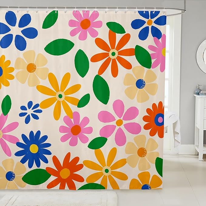 Erosebridal Retro 60S 70S Floral Shower Curtain 72" Wx84 L,Vintage Groovy Daisy Flower Bathroom Curtain for Kids Boys Girls,Bohemian Aesthetic Y2K Style Colorful Trendy Floral Bathroom Decor Set