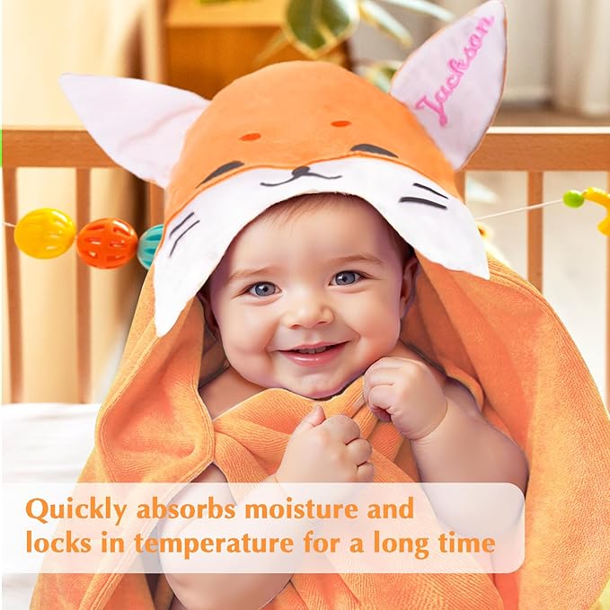 Baosity Custom Hooded Baby Towel with Name, Personalized Soft Absorbent Fox Bath Towel, Shower Towels for Girls Boys, Easter Brithday for Kids Baby, Toddler, Newborn Essential