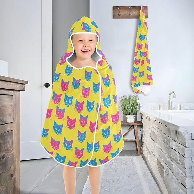 Beach Towels for Kids Yellow Gradient Cat Hooded Beach Bath Towel Quick Dry Hood Towels