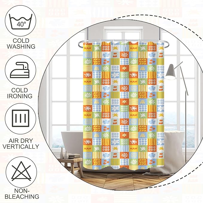 Boho Checkered Floral Shower Curtain Set Multicolored Geometric Flower Print Shower Curtains for Bathroom Waterproof Fabric Bathtub Decorations with Hooks 36x72 Inches