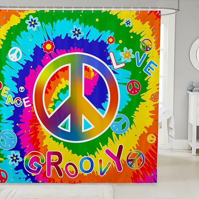 Feelyou Hippie Peace Art Bathroom Shower Curtain Set Peace Sign Artwork Shower Curtain for Girls Children Tie Dye Boho Hippie Colorful Floral Flowers Bath Curtain 72"x72" Kids Bathroom Accessories