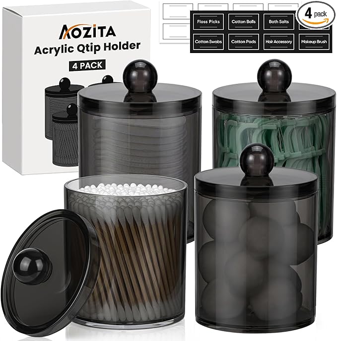 4 Pack Acrylic Qtip Holder Dispenser for Cotton Swabs, Balls, Pads, Floss Picks- Clear Acrylic Canister Apothecary Jar Set, Bathroom Essentials Accessories Decor Vanity Makeup Storage Organizer -Black