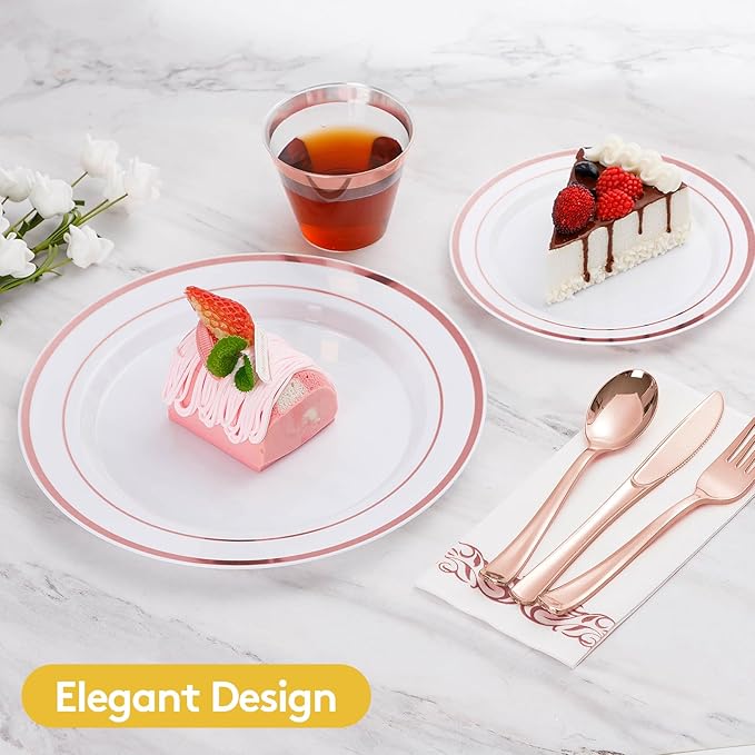 Goodluck 350 Pieces Rose Gold Dinnerware Set for 50 Guests, Plastic Plates Disposable for Party, Include: 50 Dinner Plates, 50 Dessert Plates, 50 Paper Napkins, 50 Cups, 50 Silverware Set