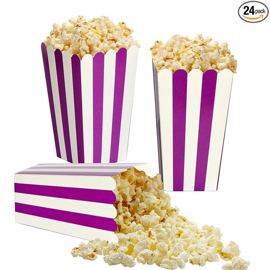 XIEHE 24 Pack Striped Popcorn Boxes - Carnival Parties Mini Paper Popcorn and Candy Containers, Party Supplies for Movie Nights (Purple)
