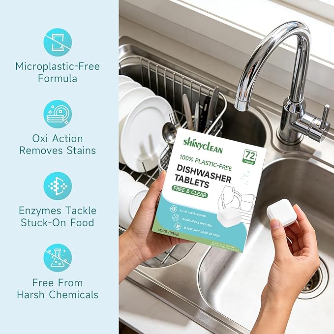 100% Plastic-Free Dishwasher Detergent Tablets, 72 Count, Free & Clear, All-in-One Dishwashing Pods, Enzyme-Powered for Stuck-On Food, Phosphate & Dye Free, Residue-Free Sparkling Shine