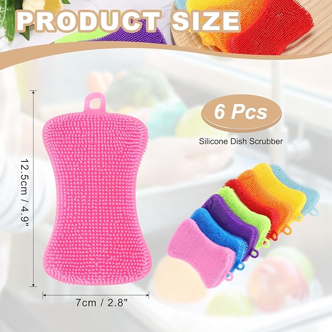 uxcell Silicone Dish Scrubber, 6 Pack Reusable Dishes Sponges Silicone Sponges Double Design for Kitchen Bathroom Cleaning Gadgets Accessories Countertop Cookware Pots Pans, Pink