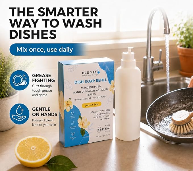 Dish Soap Refill Powder-to-Liquid Concentrate, Just Add Water, Lemon Scent, 4 Packets Make 4 x 16 fl oz Bottles, Grease-Fighting, Plastic-Free