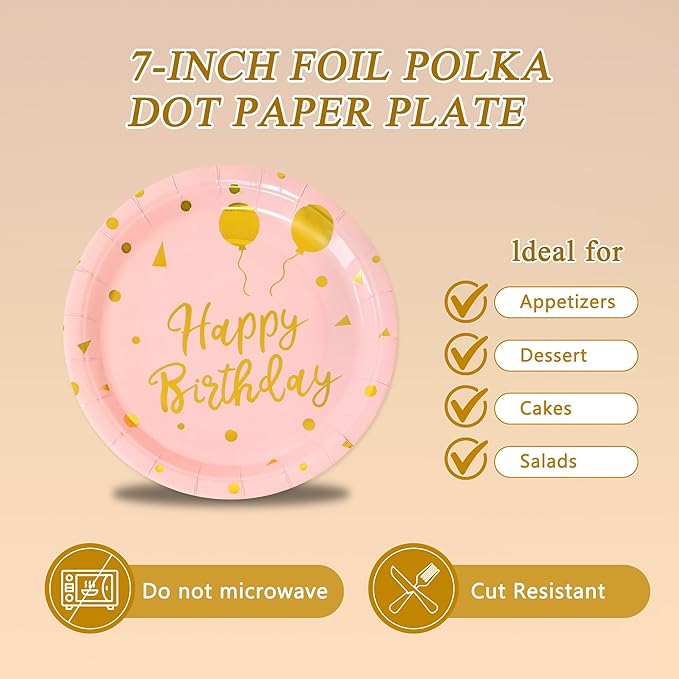75 Pcs Happy Birthday Paper Plates,Serves 25 Guests Rose Gold Plates and Napkins with Gold Forks,Disposable Paper Tableware Set for Birthday Party Decorations