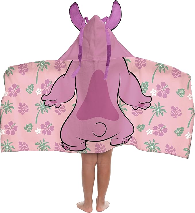 Jay Franco Kids Hooded Towel – 22" x 51" Super Soft Bath Wrap with 3D Hood, Beach, Pool & Travel, Official Licensed Product, Pink - Lilo and Stitch Angel