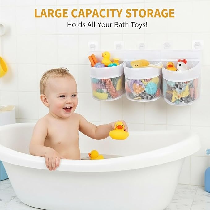 2PC Bath Toy Storage Organizer, Extra Large Mesh Net for Bathtub Toys Quick Dry Shower Toy Holder with Strong Suction Cups Multi-Use Basket for Bathroom Wall Tub and Poolside