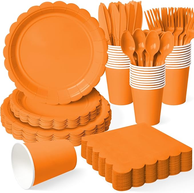 Vyntra 175 Pcs Orange Disposable Paper Plates and Napkins Set for 25, 9" Dinner Plates & 7" Dessert Plates, Tableware for Halloween, Fall Party, Birthday, Picnic