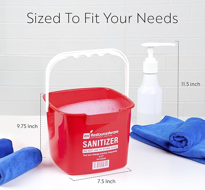 Restaurantware RW Clean 8 Quart Cleaning Bucket 1 Detergent Square Bucket - With Measurements Built-In Spout And Handle Red Plastic Utility Bucket For Home Or Commercial Use
