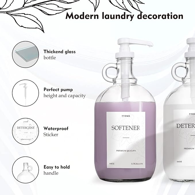 3 Pcs Glass Laundry Detergent Dispenser, Half Gallon Liquid Laundry Soap Dispenser for Laundry Room (64 oz. Each), Laundry Detergent Bottles with Pump Dispenser -Includes Labels, Funnel, Measuring Cup