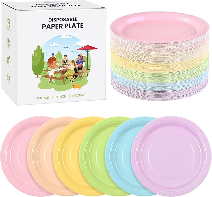 Kochorie 150 Pieces Pastel Rainbow Disposable Paper Plates 9 Inch Heavy Duty Dinner Plates, Solid Color, Table Decorations Party Supplies for Birthdays, Weddings, Daily Use