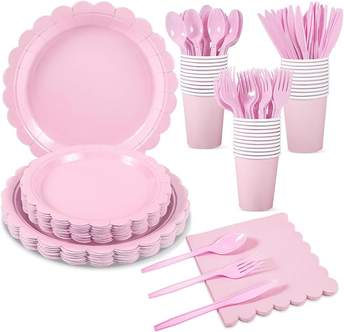 175 Pcs Pink Plates and Napkins, Pink Party Decorations Include Scalloped Birthday Plate Napkins Cups Plastic Cutlery Disposable Dinnerware for Girls Birthday, Wedding, Bridal Baby Shower