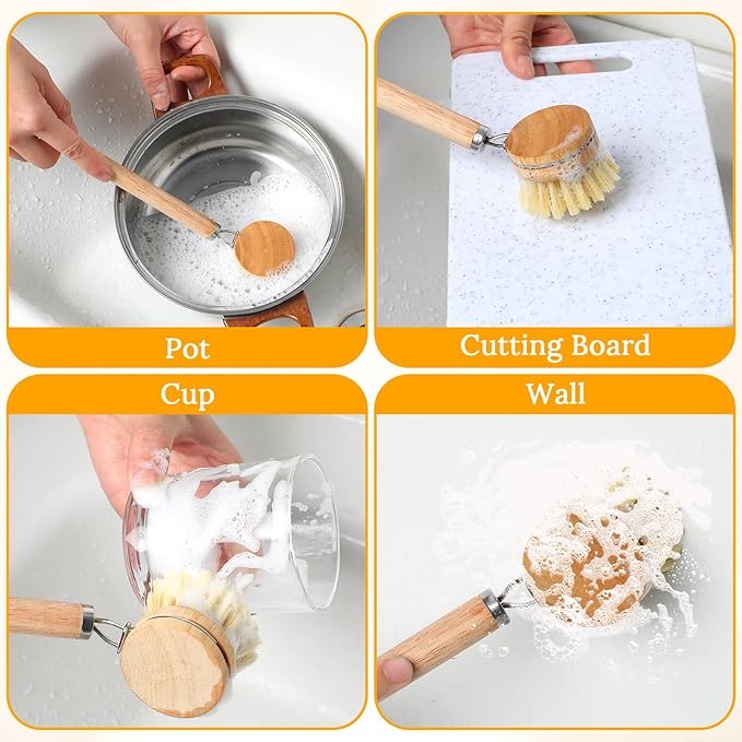 12-Piece Wooden Kitchen Dish Brush Set with One Bamboo Handle & 11 Replacement Heads, Natural Fiber Scrubber for Pots Pans Bottles Vegetables Cleaning