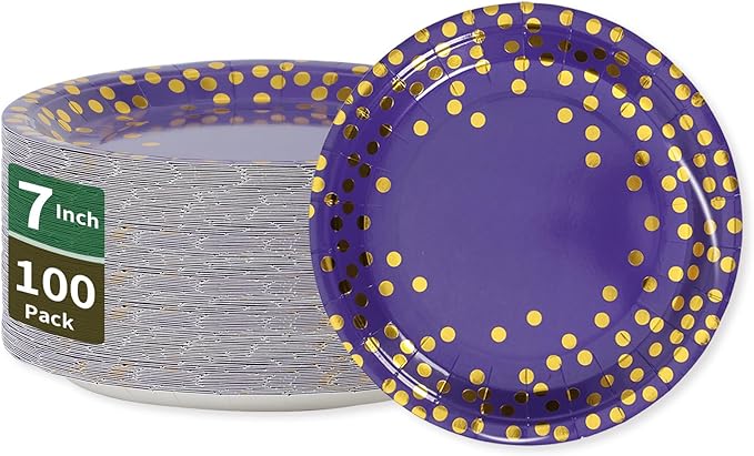 Purple and Gold Paper Plates,7INCH Dessert Party Plates,Purple Foil Polka Dots Paper Plate for Birthdays,Graduation,Mardi Gras,Bridal Parties(100 PCS)