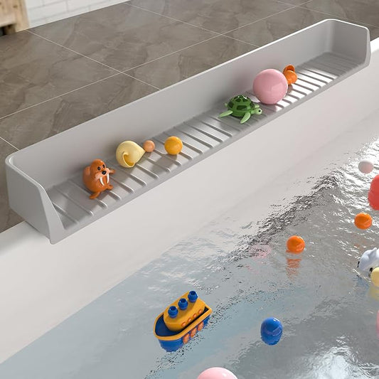 Longer Bathtub Splash Guard for Tub Kids, Bathtub Water Guards Play Shelf for Bathing, Toy Tray Caddy Holder for Tub, Silicone Tub Splash Guard Prevent Water Spills in Bathroom (2.6FT, Grey)