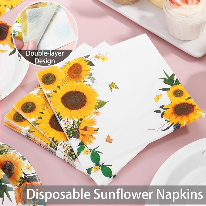 Sunflower Party Decorations-168PCS Sunflower Plates and Napkins Party Supplies,Yellow Paper Plates with Gold Glitter Cultery for Birthday Baby Shower Decorations Serve 24 Guests