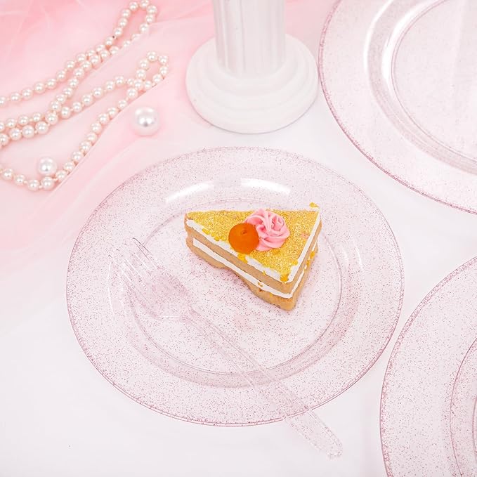 WDF 200PCS Pink Plastic Plates - Rose Gold Glitter Plastic Plates - Heavy Duty Pink Glitter Disposable Plates for Wedding/Baby Shower/Birthday