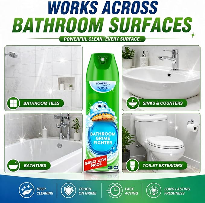 Bathroom Cleaner Spray, Foam Action Shower & Tub Cleaner, 20 oz, Multi Surface Cleaning Solution for Tiles, Sinks & Bathtubs, Fresh Scent