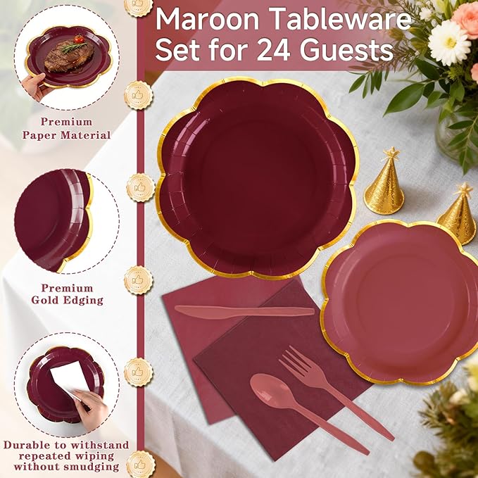 168Pcs Burgundy Paper Plates and Napkins Party Supplies, Maroon Scalloped Plates with Gold Rim, Burgundy Disposable Plates Set for Women Girls Birthday Weddings Bridal Shower Graduation Party Decor