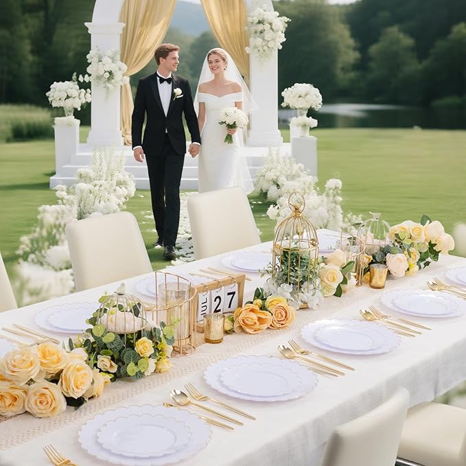 LIYH 120 Pcs White Plastic Scalloped Plates - Gold Fancy Disposable Plastic Plates Includes 60 Dinner 10.25" & 60 Dessert Plate 7.5" Elegant Gold Rim for Party Birthday Day